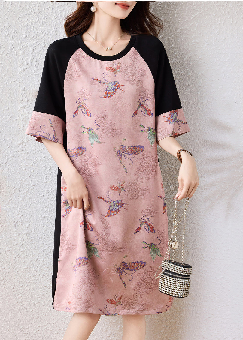 Women Pink Butterfly Patchwork Cotton A Line Dresses Half Sleeve