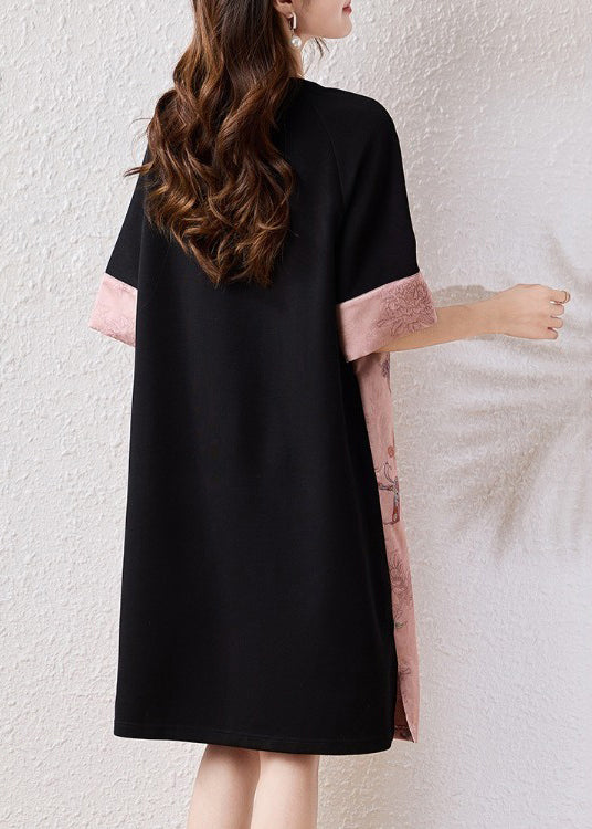 Women Pink Butterfly Patchwork Cotton A Line Dresses Half Sleeve