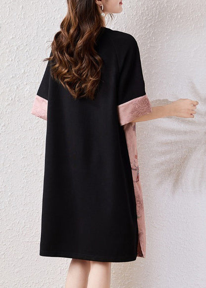 Women Pink Butterfly Patchwork Cotton A Line Dresses Half Sleeve