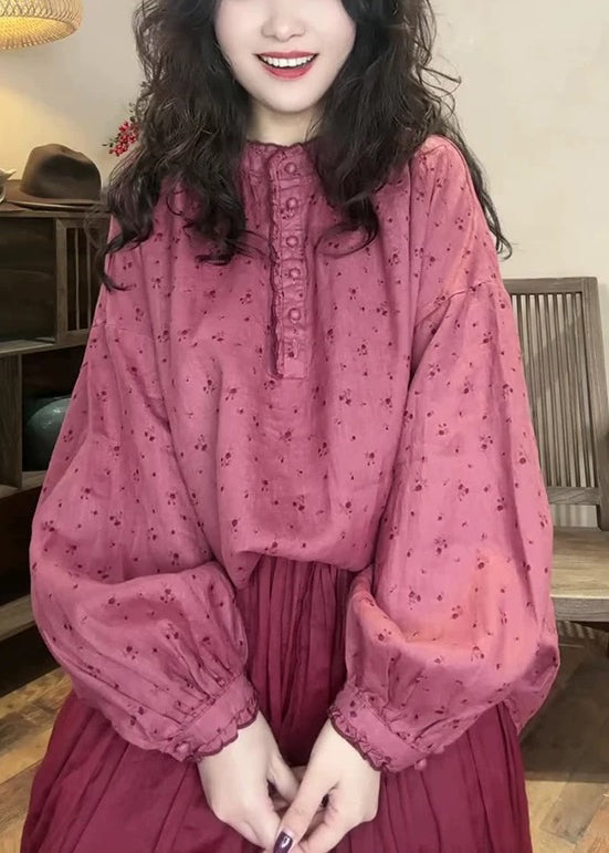 Women Pink Button Print Cotton Blouse Top Spring