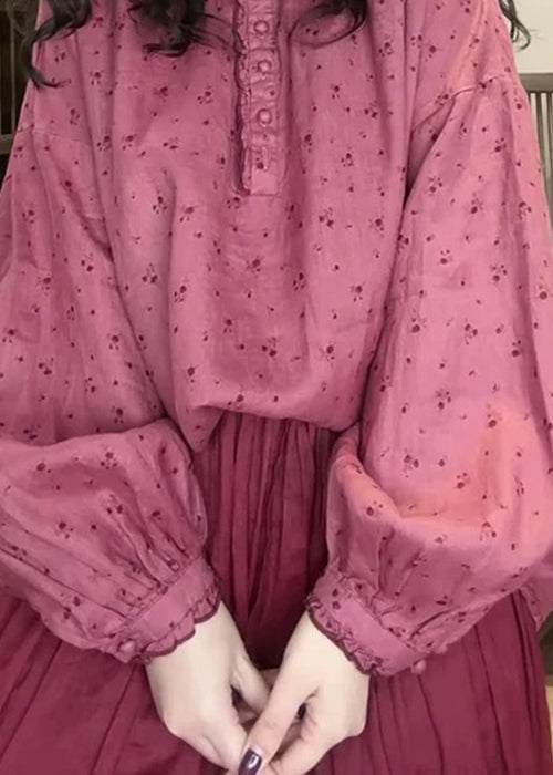 Women Pink Button Print Cotton Blouse Top Spring