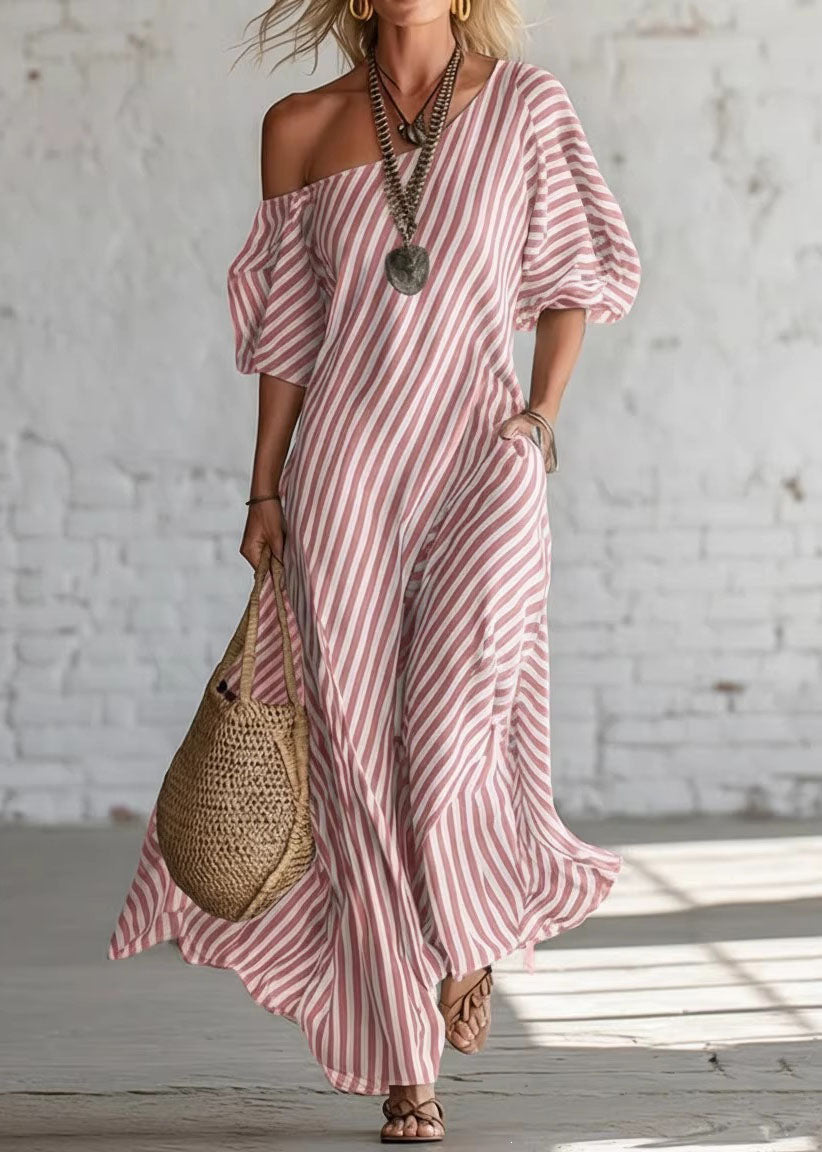 Women Pink Cold Shoulder Striped Cotton Dress Summer