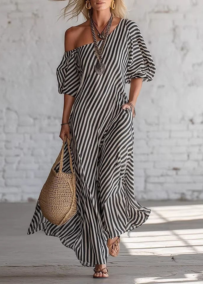 Women Pink Cold Shoulder Striped Cotton Dress Summer