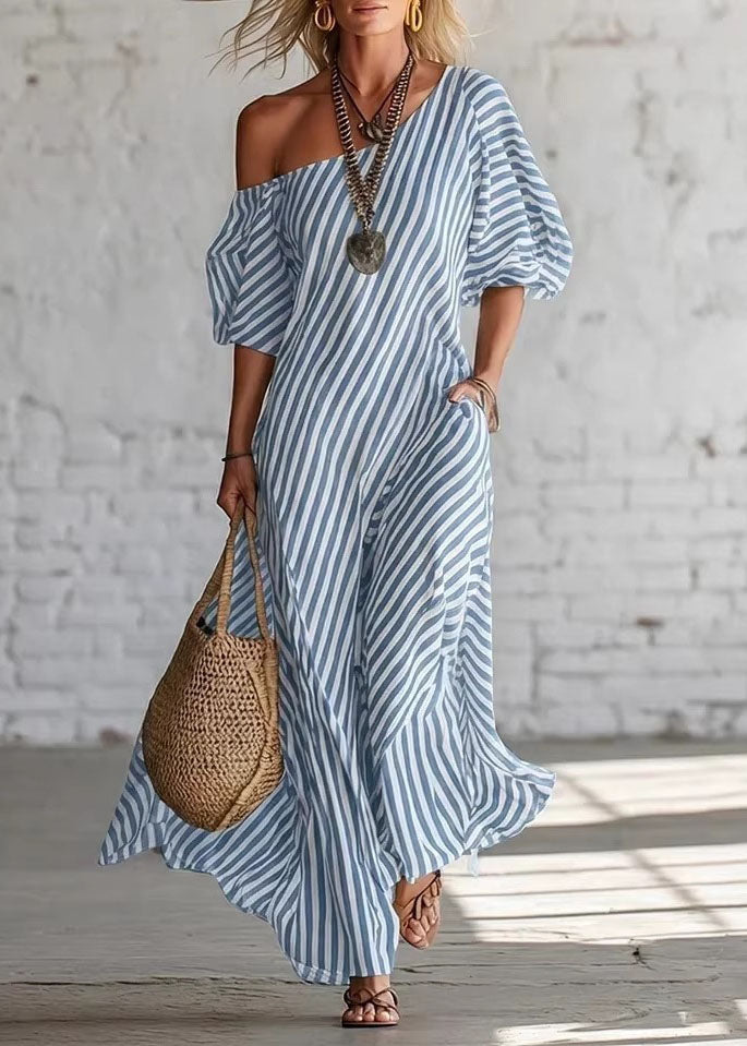 Women Pink Cold Shoulder Striped Cotton Dress Summer