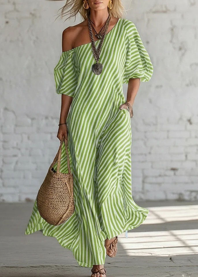 Women Pink Cold Shoulder Striped Cotton Dress Summer