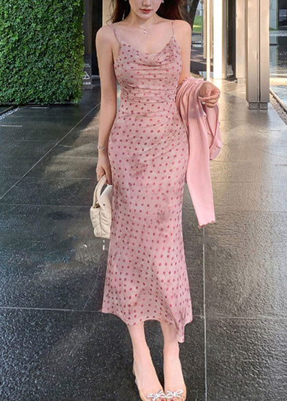 Women Pink Dot Holiday Tulle Maxi Spaghetti Strap Dress Summer