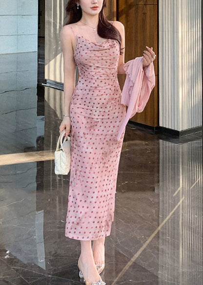 Women Pink Dot Holiday Tulle Maxi Spaghetti Strap Dress Summer