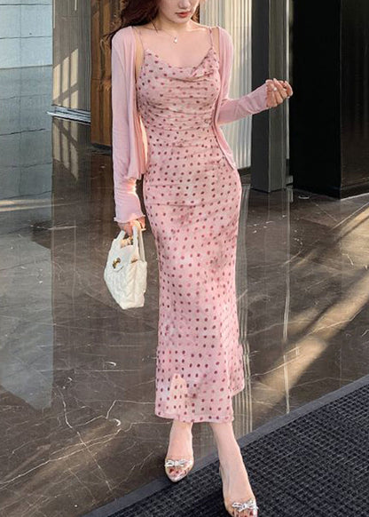 Women Pink Dot Holiday Tulle Maxi Spaghetti Strap Dress Summer