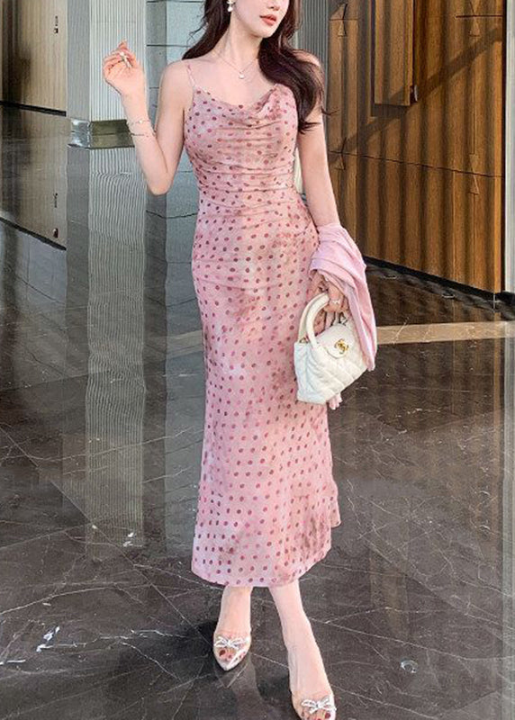 Women Pink Dot Holiday Tulle Maxi Spaghetti Strap Dress Summer