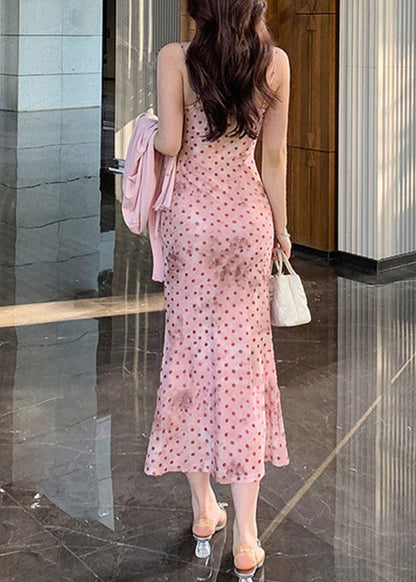 Women Pink Dot Holiday Tulle Maxi Spaghetti Strap Dress Summer