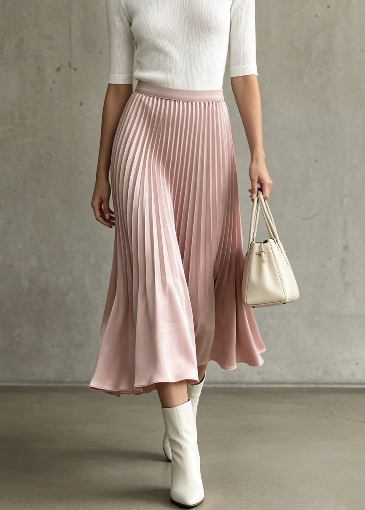 Women Pink Elastic Waist Wrinkled Silk Skirt Fall