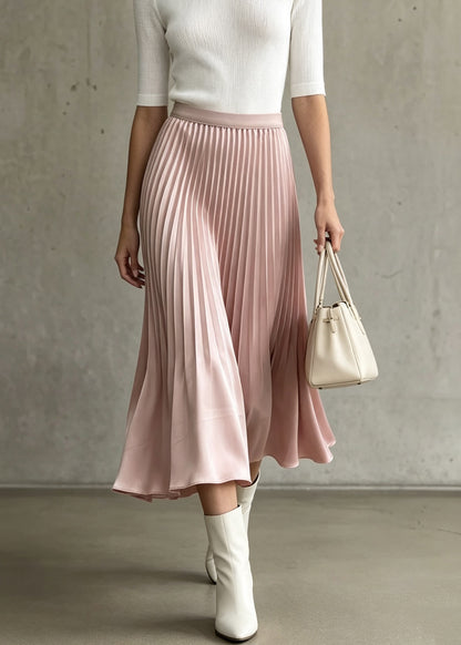 Women Pink Elastic Waist Wrinkled Silk Skirt Fall