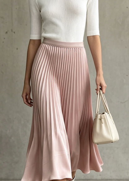 Women Pink Elastic Waist Wrinkled Silk Skirt Fall