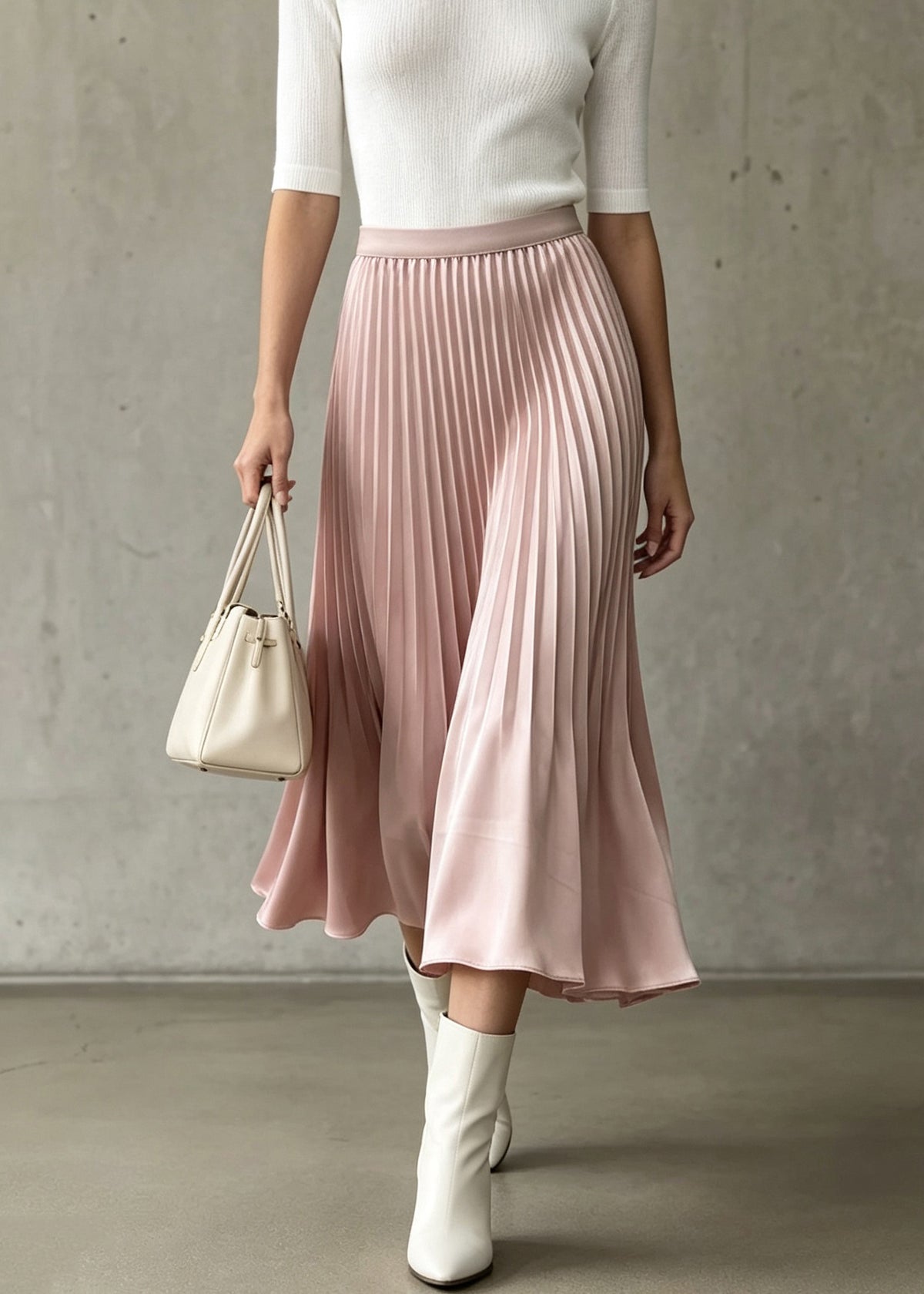 Women Pink Elastic Waist Wrinkled Silk Skirt Fall