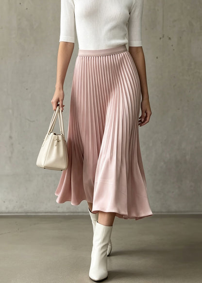 Women Pink Elastic Waist Wrinkled Silk Skirt Fall