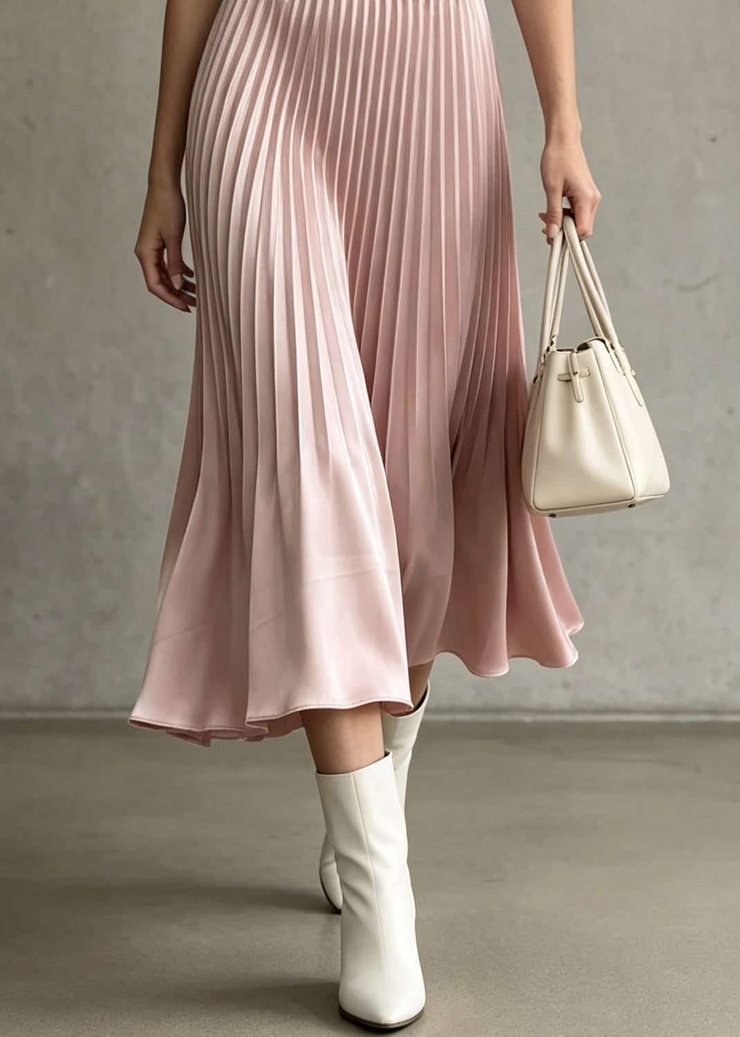 Women Pink Elastic Waist Wrinkled Silk Skirt Fall