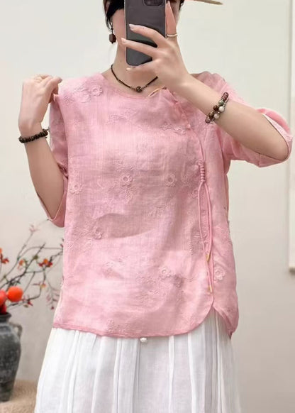 Women Pink Embroidered Chinese Button Linen Tops Half Sleeve