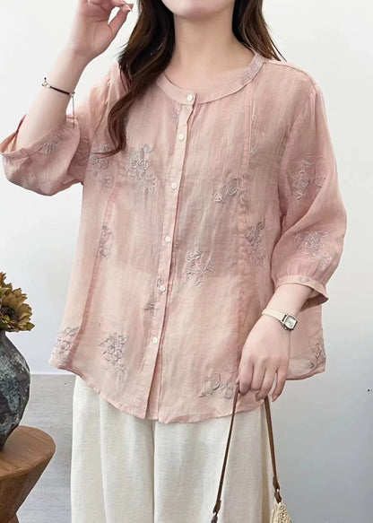 Women Pink Embroidered Linen Loose Shirt Half Sleeve