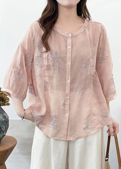 Women Pink Embroidered Linen Loose Shirt Half Sleeve