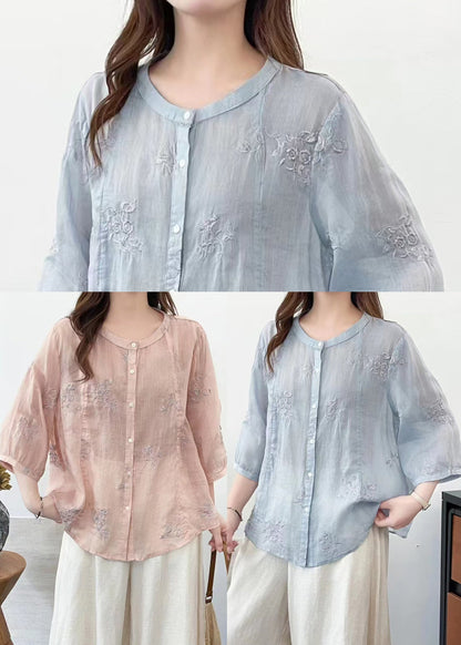 Women Pink Embroidered Linen Loose Shirt Half Sleeve