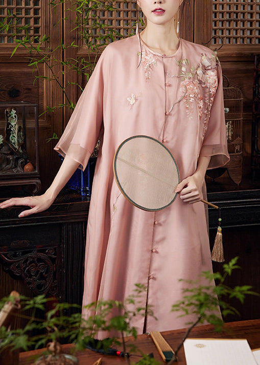 Women Pink Embroidered Side Open Silk Ankle Dress Summer