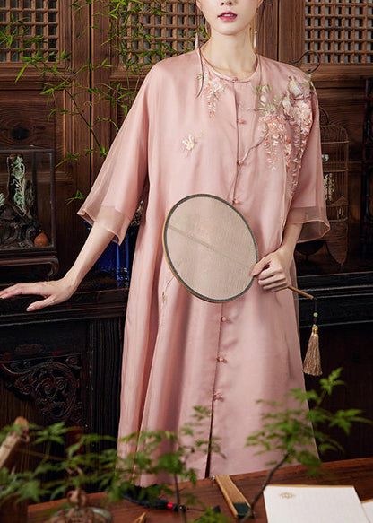 Women Pink Embroidered Side Open Silk Ankle Dress Summer