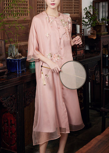 Women Pink Embroidered Side Open Silk Ankle Dress Summer