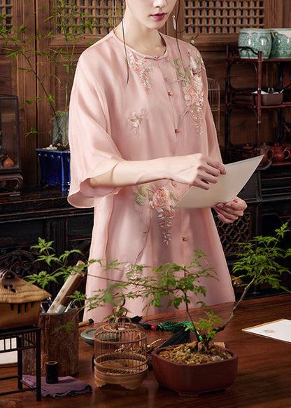 Women Pink Embroidered Side Open Silk Ankle Dress Summer