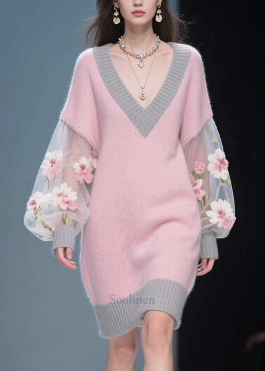 Women Pink Flower Patchwork Tulle Knit Sweater Dress Fall