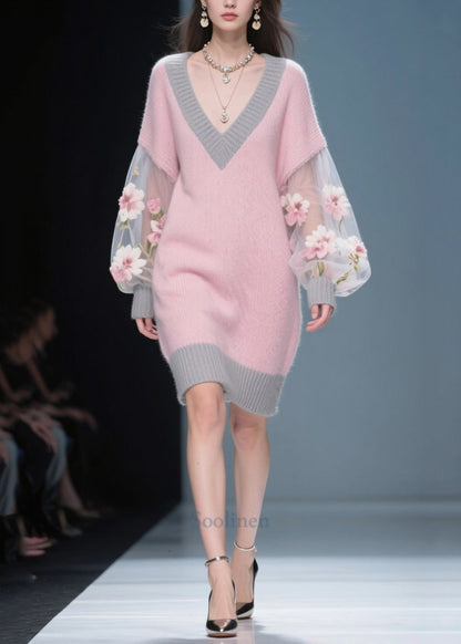 Women Pink Flower Patchwork Tulle Knit Sweater Dress Fall