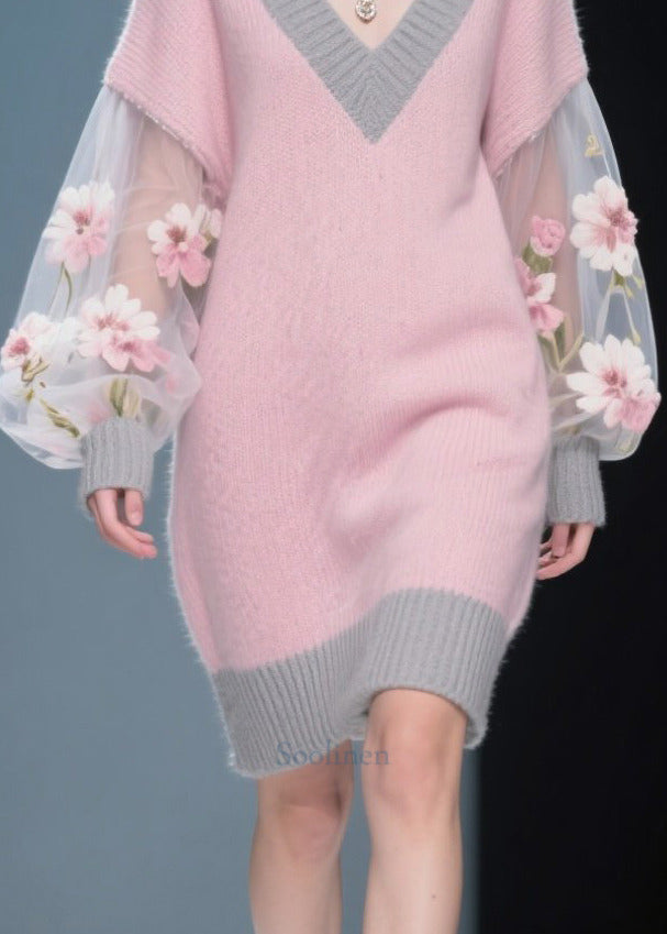 Women Pink Flower Patchwork Tulle Knit Sweater Dress Fall