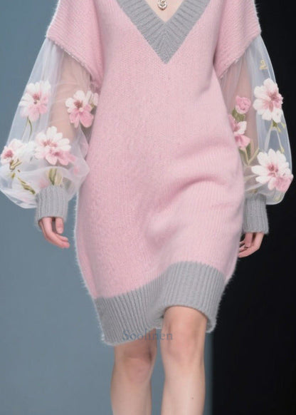 Women Pink Flower Patchwork Tulle Knit Sweater Dress Fall