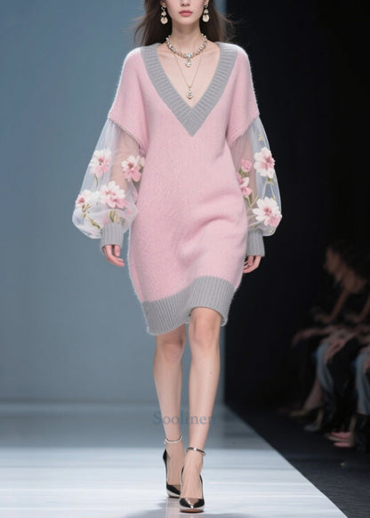 Women Pink Flower Patchwork Tulle Knit Sweater Dress Fall