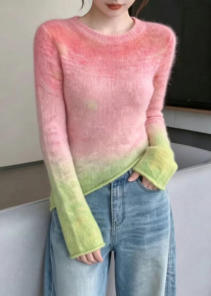 Women Pink Gradient Asymmetrical Knit Sweater Long Sleeve