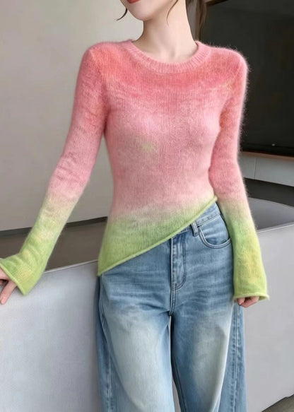 Women Pink Gradient Asymmetrical Knit Sweater Long Sleeve