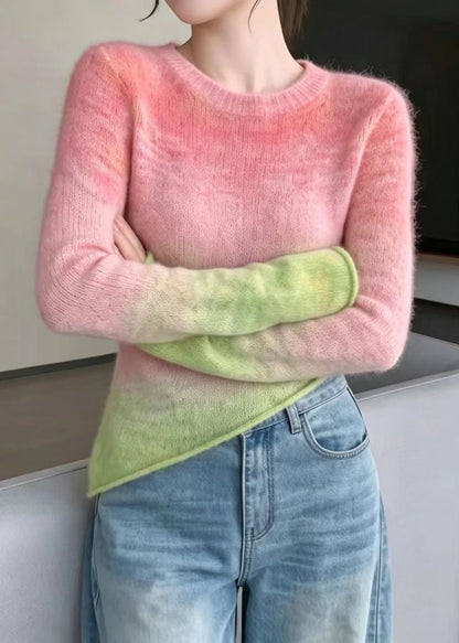 Women Pink Gradient Asymmetrical Knit Sweater Long Sleeve