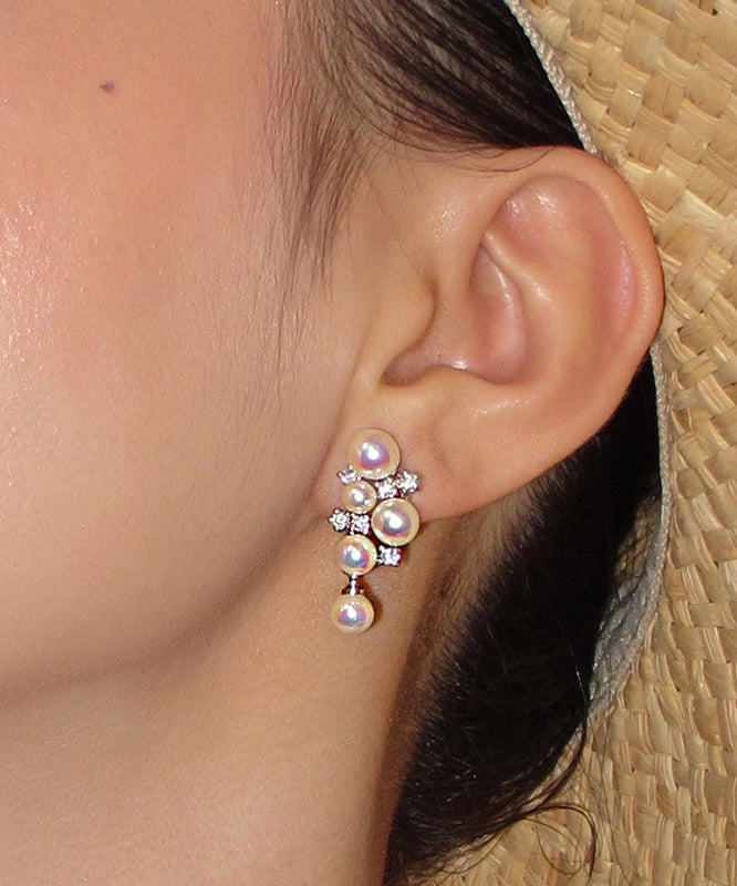 Women Pink Grape Cluster Pearl Zircon Drop Earrings