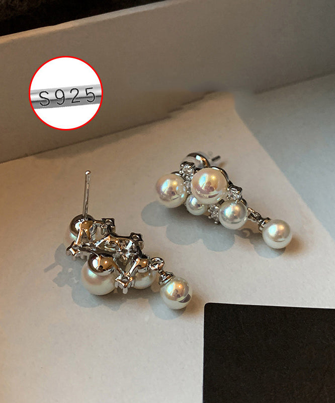 Women Pink Grape Cluster Pearl Zircon Drop Earrings