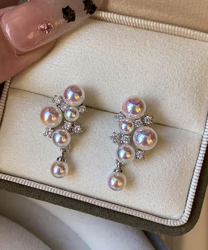 Women Pink Grape Cluster Pearl Zircon Drop Earrings