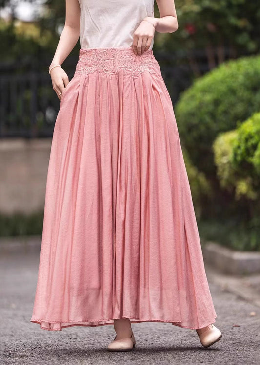 Women Pink High Waist Embroidered Wrinkled Linen Skirts Summer