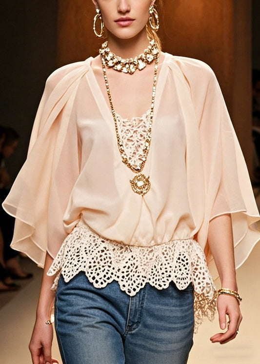 Women Pink Hollow Out Lace Patchwork Chiffon Shirts Batwing Sleeve