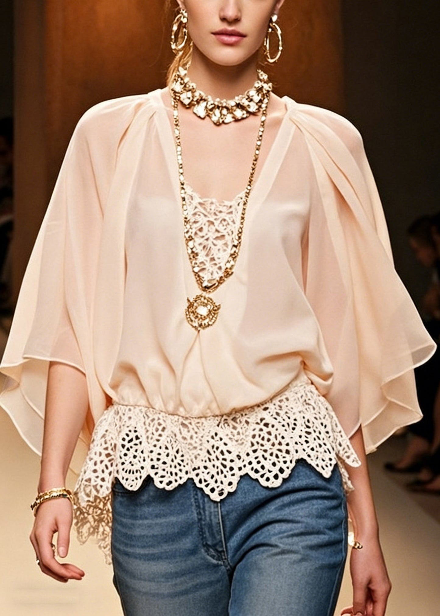 Women Pink Hollow Out Lace Patchwork Chiffon Shirts Batwing Sleeve