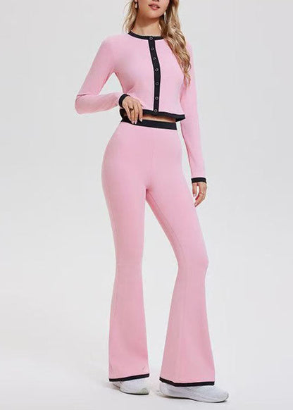 Women Pink O-Neck Butt Scrunch Tennis Sportswear Two-Piece Set Spring