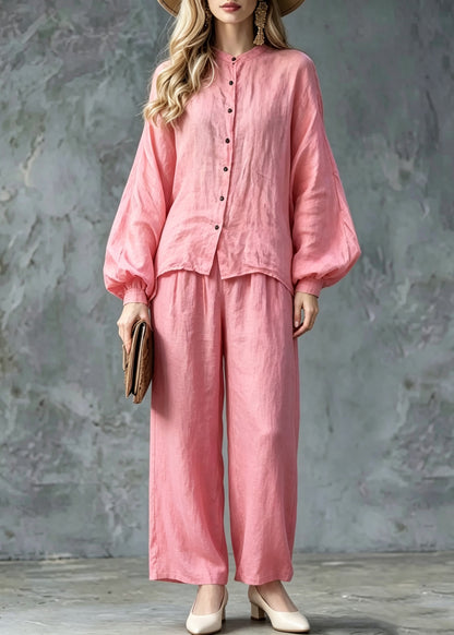 Women Pink O-Neck Button Shirts And Wide Leg Pants Two Pieces Set Lantern Sleeve