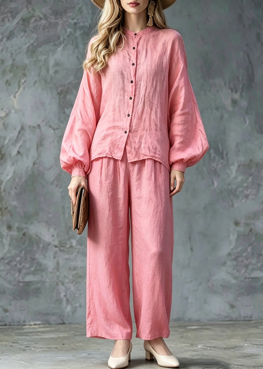 Women Pink O-Neck Button Shirts And Wide Leg Pants Two Pieces Set Lantern Sleeve