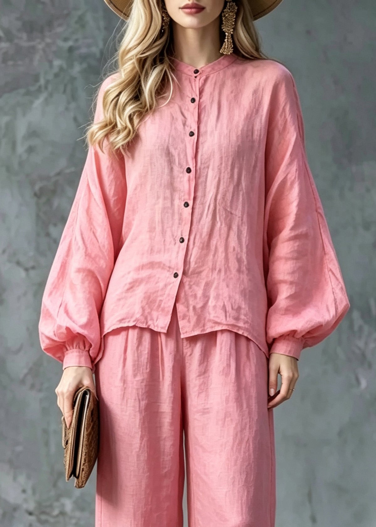 Women Pink O-Neck Button Shirts And Wide Leg Pants Two Pieces Set Lantern Sleeve
