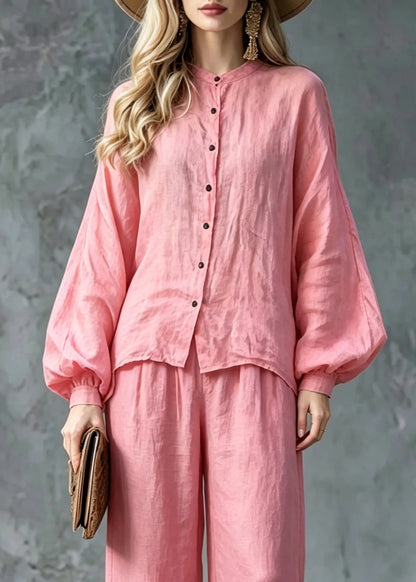 Women Pink O-Neck Button Shirts And Wide Leg Pants Two Pieces Set Lantern Sleeve