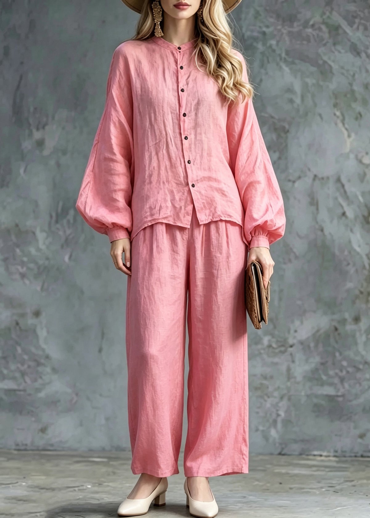 Women Pink O-Neck Button Shirts And Wide Leg Pants Two Pieces Set Lantern Sleeve