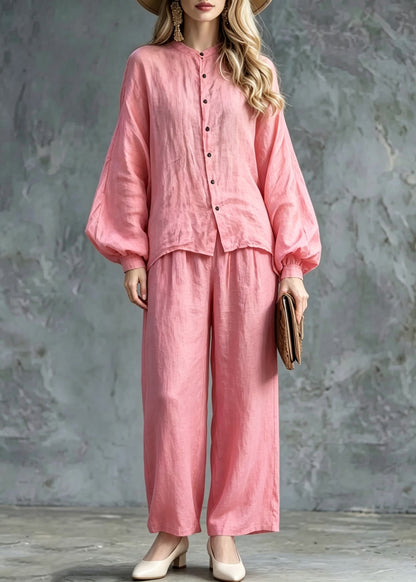 Women Pink O-Neck Button Shirts And Wide Leg Pants Two Pieces Set Lantern Sleeve