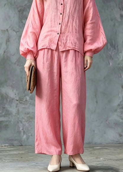 Women Pink O-Neck Button Shirts And Wide Leg Pants Two Pieces Set Lantern Sleeve